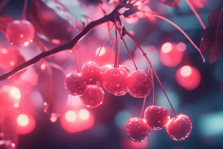 Juicy cherries hang from a branch, illuminated by gentle light during the evening twilight.の写真素材