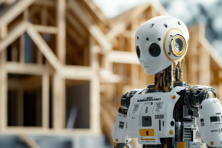 A humanoid robot observes a construction site where wooden frames of houses are being built.の写真素材