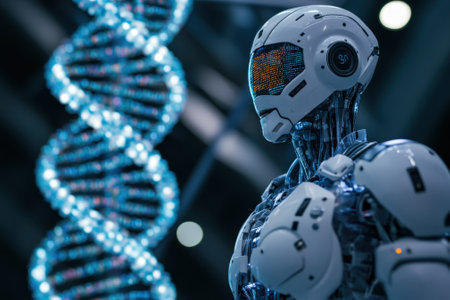 A humanoid robot stands prominently next to a glowing DNA helix at a modern technology exhibition.の写真素材