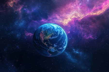 Earth is shown floating in space surrounded by a vivid and colorful cosmic backdrop with glowing nebulae.の写真素材