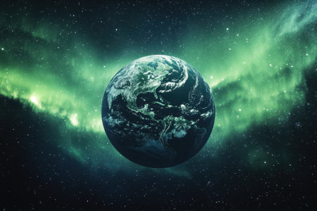 Earth floats majestically surrounded by colorful auroras against a backdrop of countless stars.の写真素材