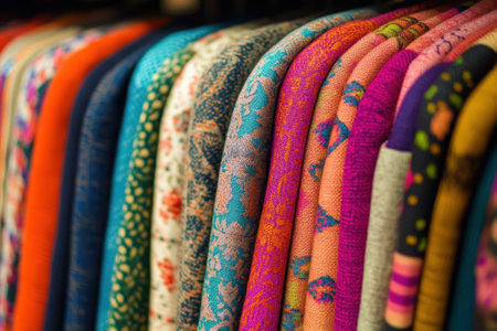 Vibrant textiles in various patterns and colors showcase their beauty at a market stall under bright sunlight.の写真素材