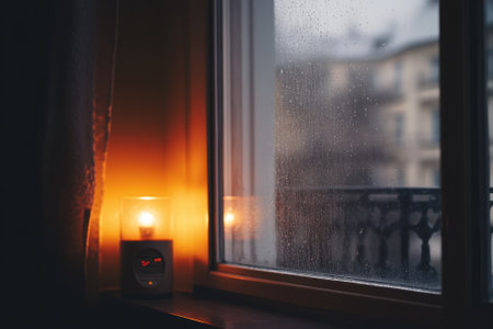 Candles flicker softly next to a window where rain falls, creating a warm, peaceful atmosphere indoors.の写真素材