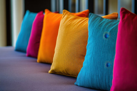 Vibrant cushions in shades of orange, pink, and teal adorn a contemporary sofa in a stylish living space.の写真素材