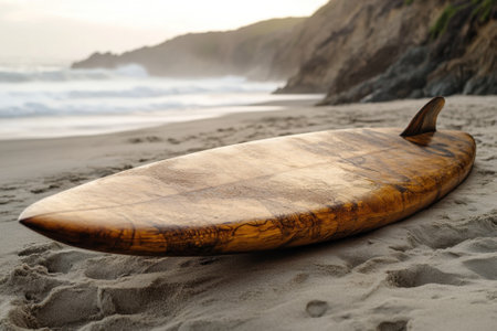 A wooden surfboard rests on sandy shore as gentle waves roll in at sunset under a clouded sky.の写真素材