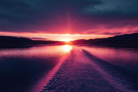 Colorful sunset lights up the sky above a calm lake, creating a stunning reflection on the water surface.の写真素材