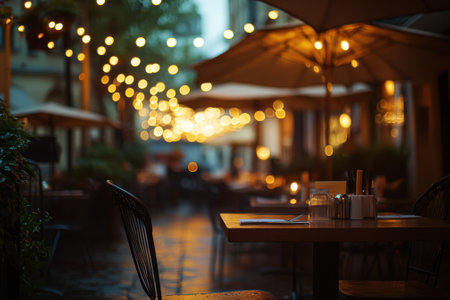 Cozy outdoor restaurant features warm lights and empty tables, creating a calm evening atmosphere.の写真素材