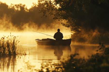 A lone fisherman enjoys quiet solitude on a peaceful river at dawn, surrounded by soft mist and serene nature.の写真素材
