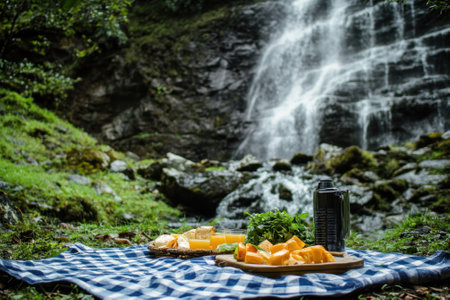 A picnic setting features fresh fruit and drinks on a checkered blanket by a cascading waterfall in nature.の写真素材