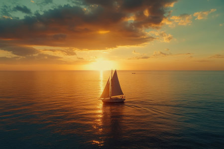 A sailboat navigates through tranquil waters during a stunning sunset, reflecting colorful skies.の写真素材