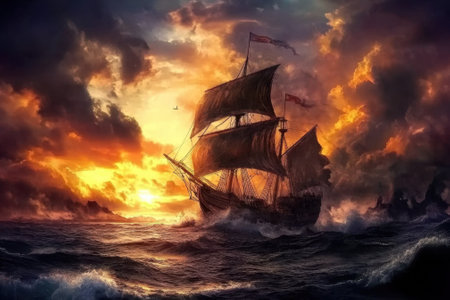 A sailing ship battles through rough waters with dark clouds and vibrant sunset illuminating the sky.の写真素材