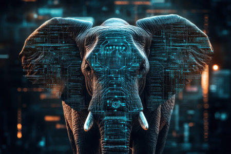 Elephants exhibit a blend of nature and technology in a striking digital environment, showcasing innovation.の写真素材