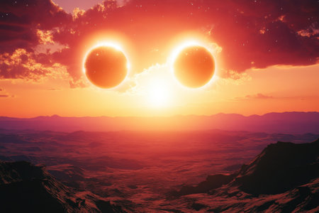 A breathtaking sunset features two suns aligned in the sky over a rugged terrain, creating a surreal atmosphere.の写真素材