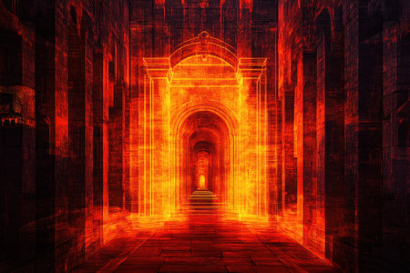 A surreal corridor with glowing arches appears, bathed in warm fiery colors, creating an otherworldly atmosphere.の写真素材