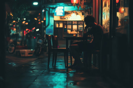 A person sits alone at a table outside a lively cafe, surrounded by colorful lights and night ambiance.の写真素材