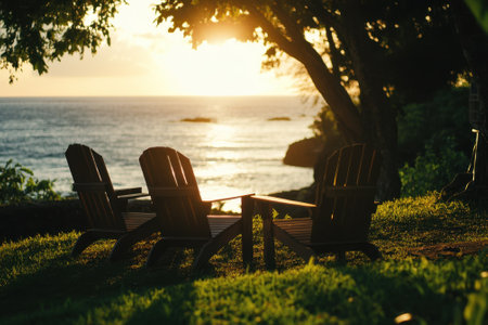 Charming wooden chairs offer a tranquil spot to enjoy the golden sunset by the sea.の写真素材