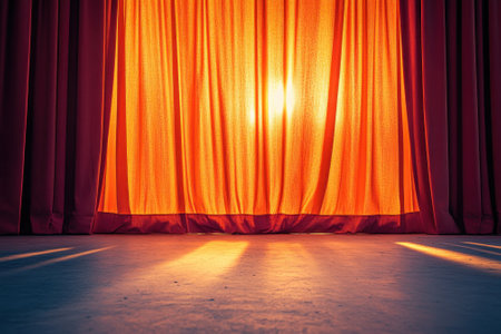 Soft sunlight filters through rich velvet curtains, casting elongated shadows on the floor in a theater space.の写真素材
