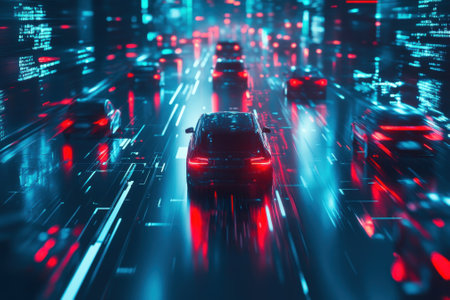 Cars move through a bustling urban area at night, surrounded by bright neon lights and digital displays.の写真素材
