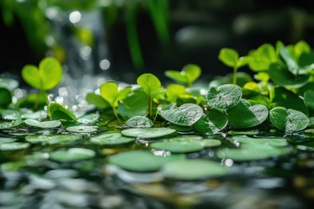 Leaves gently drift on the water surface, reflecting sunlight and creating a peaceful atmosphere.の写真素材