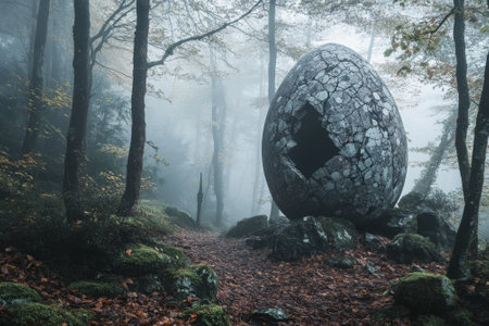 A large, cracked stone egg stands in a misty woodland, surrounded by lush greenery and fallen leaves.の写真素材