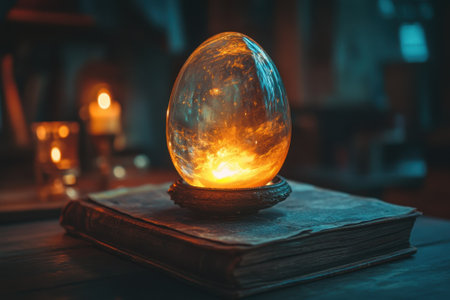 A glowing egg sits atop an old book, illuminating the dark surroundings with a warm light.の写真素材