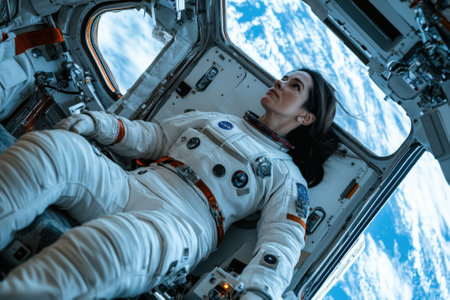 A female astronaut relaxes inside a spacecraft, looking out at the Earth's surface from space.の写真素材