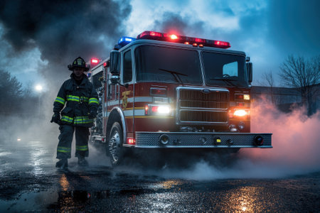 A firefighter stands near a fire truck amidst smoke and low visibility during an emergency at night.の写真素材