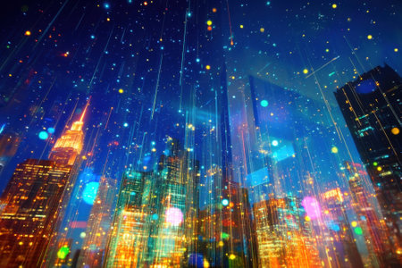 Bright city skyline features tall buildings and vibrant lights, creating a lively nighttime atmosphere.の写真素材