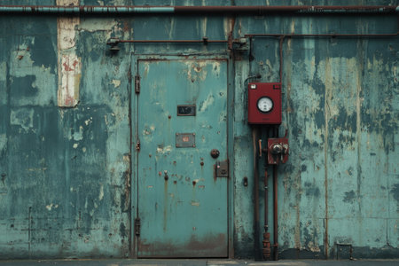 A weathered green door stands against a textured wall with peeling paint, accompanied by a vintage meter.の写真素材