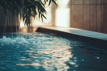 Calm waters in a glassy pool reflect soft sunlight, creating a peaceful atmosphere for relaxation and rejuvenation.の写真素材