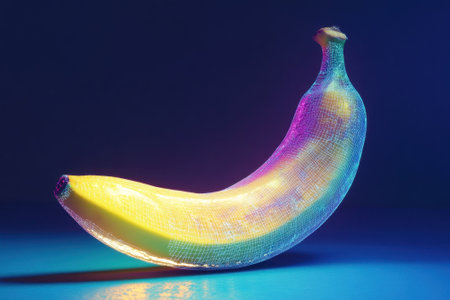 A vibrant yellow banana casts a striking glow with colorful lighting in a dark setting.の写真素材