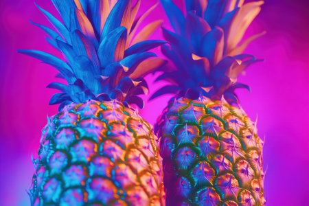 Two pineapples glow with bright colors, creating a lively atmosphere in an artistic setting.の写真素材