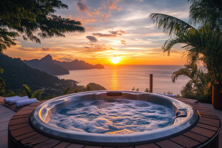A serene hot tub offers a stunning view of the ocean and sunset, creating a peaceful atmosphere for relaxation.の写真素材