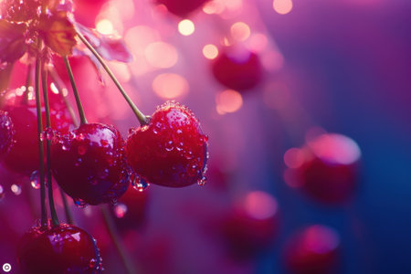 Fresh cherries dangle from a branch, sparkling with droplets under soft, colorful lighting during evening.の写真素材