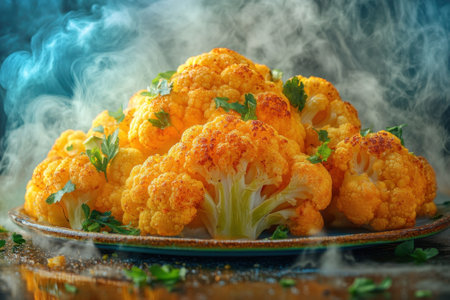 Golden roasted cauliflower florets arranged on a plate, garnished with fresh herbs and emitting steam.の写真素材