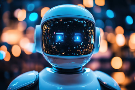 A sleek robot stands still, its reflective surface shimmering with colorful lights against a nighttime backdrop.の写真素材