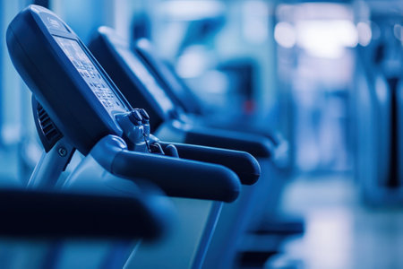 Several treadmills are arranged in a bright gym, ready for use during early morning workouts.の写真素材