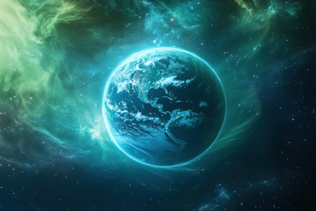 Earth floats in space, bathed in brilliant colors and surrounded by swirling cosmic clouds and stars.の写真素材