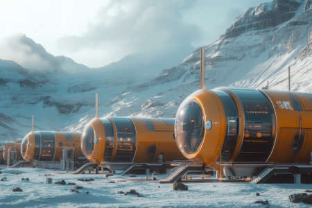 Bright yellow habitat modules rest in a snowy terrain surrounded by mountains under a clear sky.の写真素材