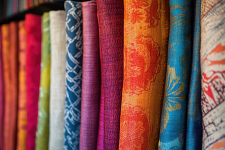 Bright fabrics hang in a store, featuring various colors and patterns, inviting creativity and inspiration.の写真素材