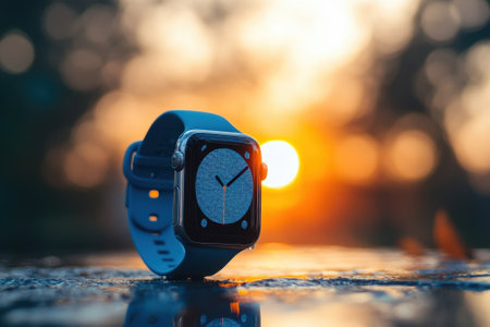 Smartwatch placed on a reflective surface as the sun sets, creating a warm glow and striking contrast.の写真素材