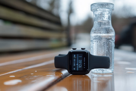 A smartwatch shows the time while sitting next to a glass bottle on a wet wooden surface.の写真素材