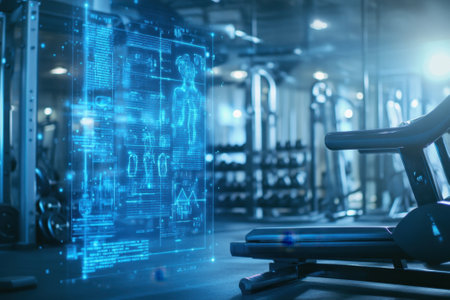 A high-tech gym features holographic health data projected above exercise equipment for fitness enthusiasts.の写真素材