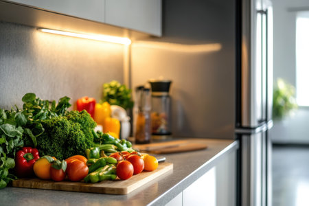 Colorful vegetables and fruits are arranged on a cutting board in a modern kitchen, ready for cooking.の写真素材