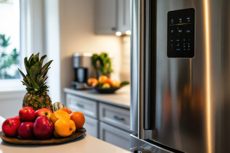 A vibrant assortment of fruits rests on a countertop next to a sleek refrigerator in a stylish kitchen.の写真素材