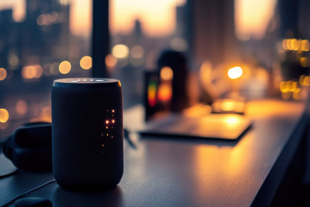 A smart speaker glows softly on a desk as twilight descends, creating a warm, inviting atmosphere.の写真素材