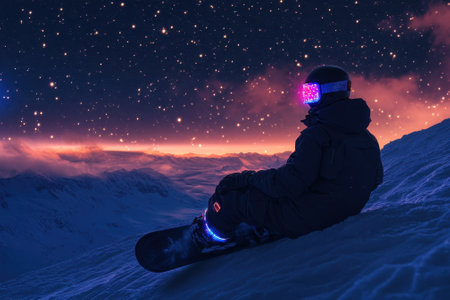 Snowboarder on a snowy slope gazes at a vibrant starry sky during nighttime in the mountains.の写真素材
