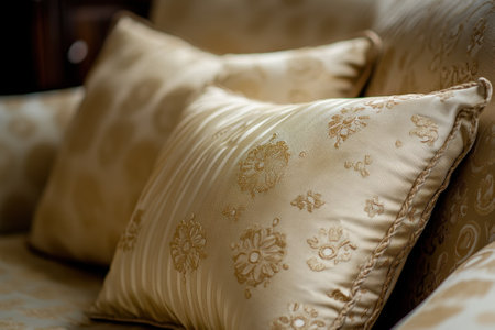 Soft golden pillows with intricate designs rest on a luxurious sofa, enhancing the warmth of the room.の写真素材