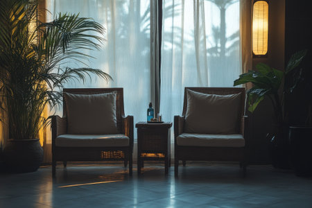 Two cozy chairs sit next to a table, surrounded by tall plants and gentle lighting in a tranquil space.の写真素材