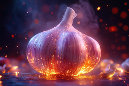 A vibrant garlic bulb emits sparks and smoke, showing its importance in nighttime culinary preparations.の写真素材